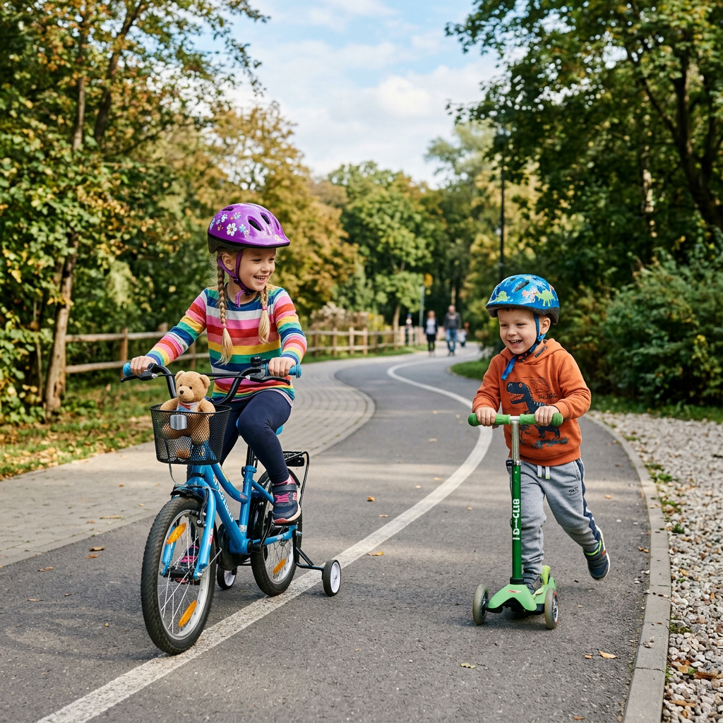 Young girl riding a blue bike with training wheels and a teddy bear in the basket, wearing a purple helmet; young boy riding a green scooter wearing a blue helmet, both on a paved path in a park.