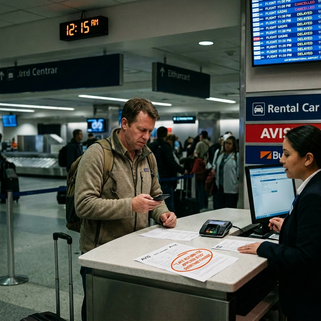 Man at airport car rental desk checking phone near employee with rental policies signs